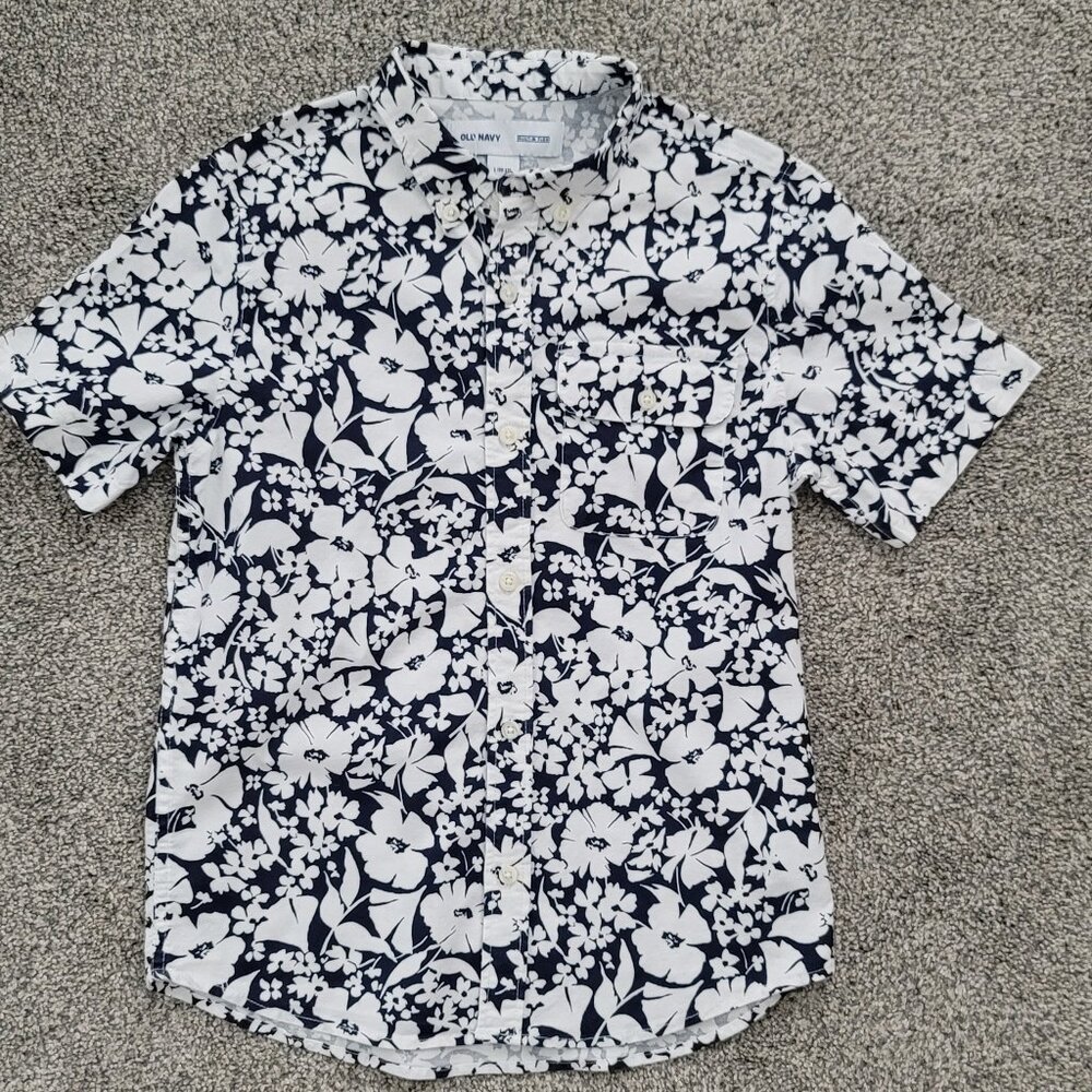 🛍️ BUNDLE ONLY **Old Navy Blue & White Hawaiian Button Down Shirt Large 10-12